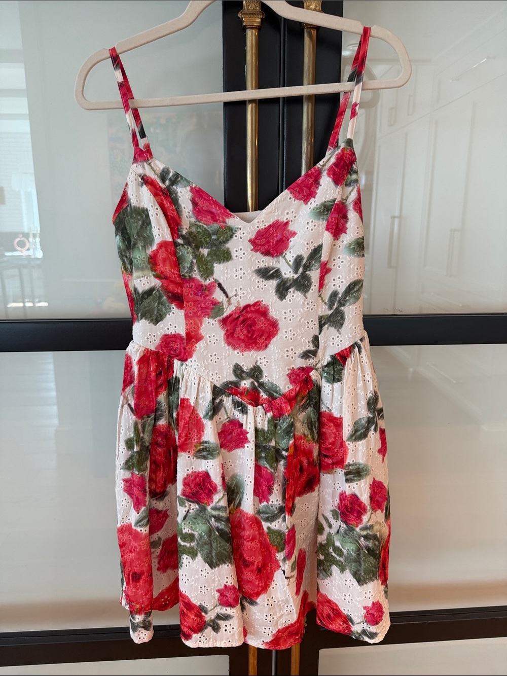 Aqua White Eyelet Dress with Red Rose Print